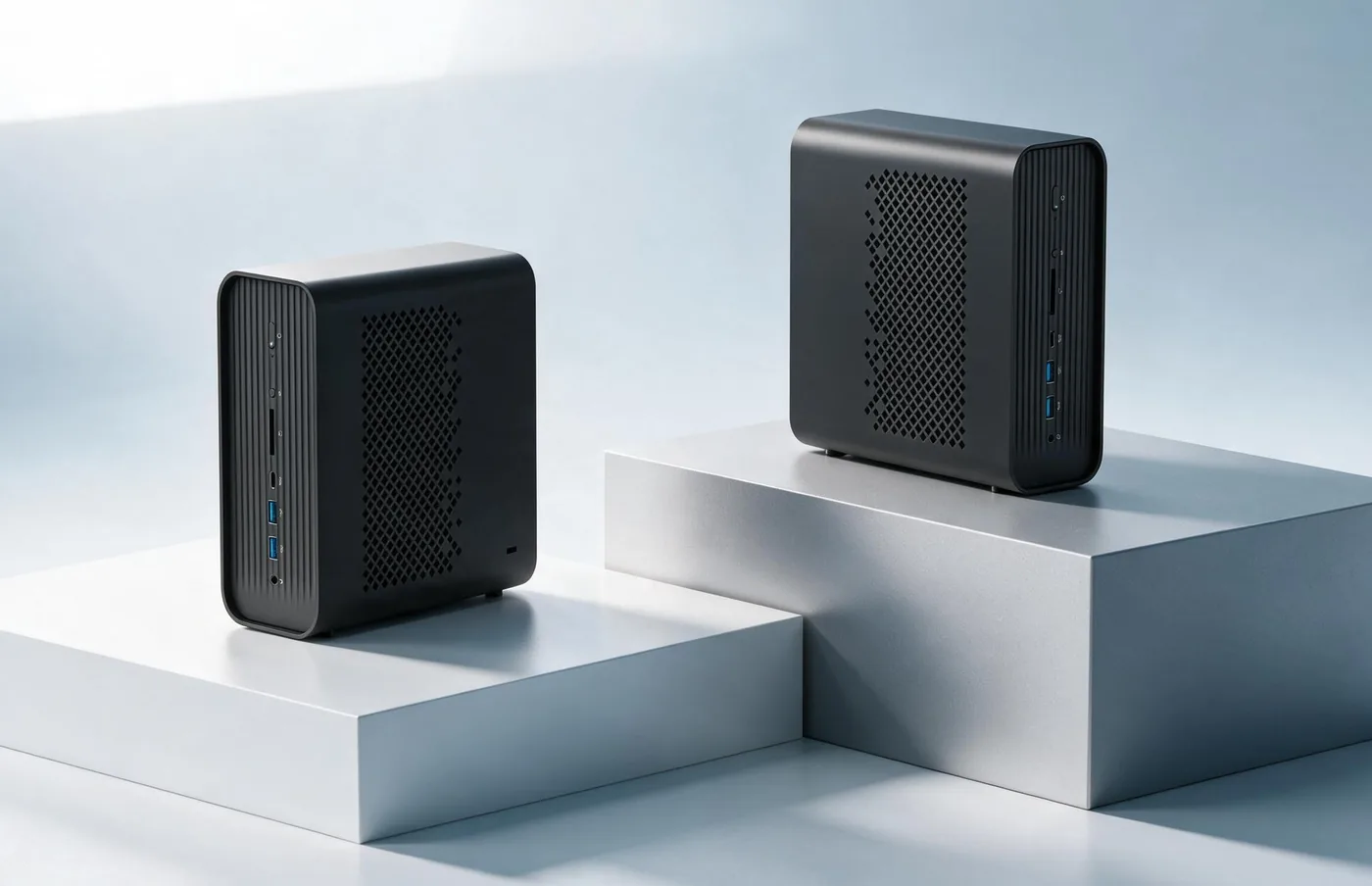 Two compact AI workstations on white display stands