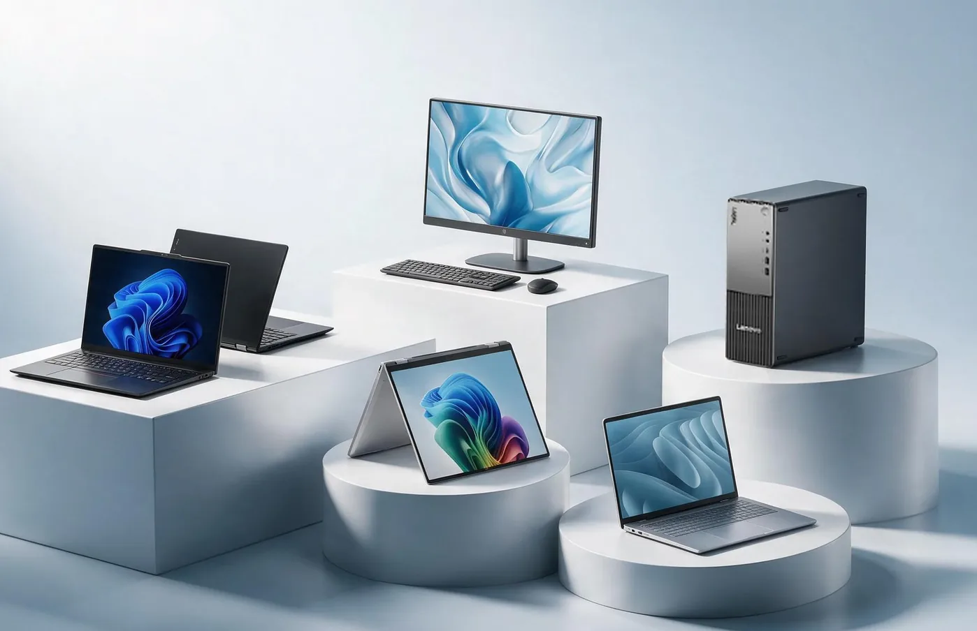 Laptops, a 2-in-1, a monitor and a desktop tower on white display stands